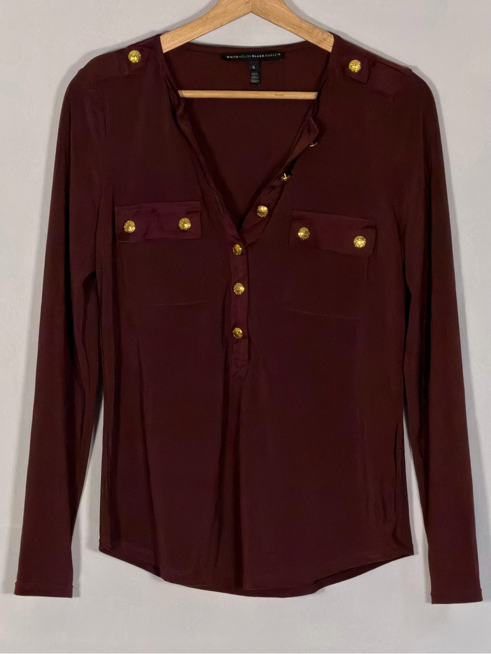 WHBM Women’s Long-Sleeve Button-Front Blouse in Deep Burgundy Size MP